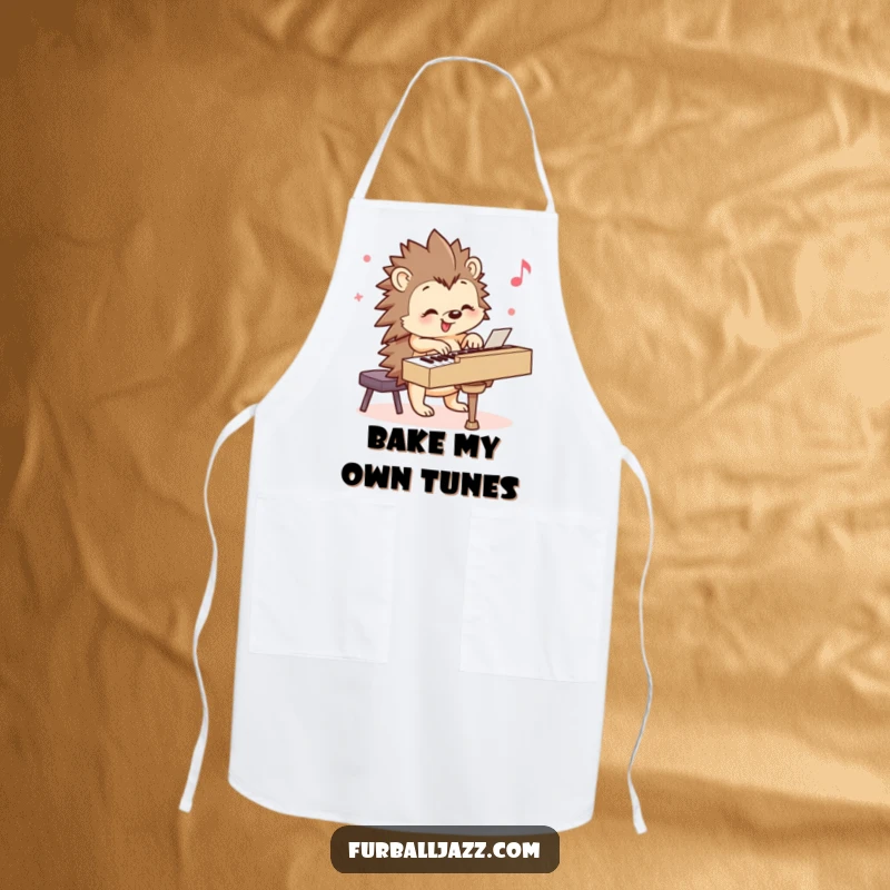 Funny Hedgehog Apron: A smiling hedgehog playing a piano with cheerful energy, perfect for adding whimsy to cooking. Great funny gift.