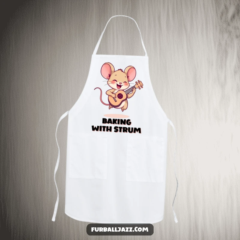 Funny mouse character energetically playing a tiny ukulele, depicted on an apron for a humorous cooking experience.