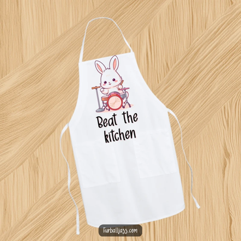 Funny rabbit apron depicting a fluffy bunny drummer energetically playing a drum kit, adding a rhythmic flair to kitchen duties.