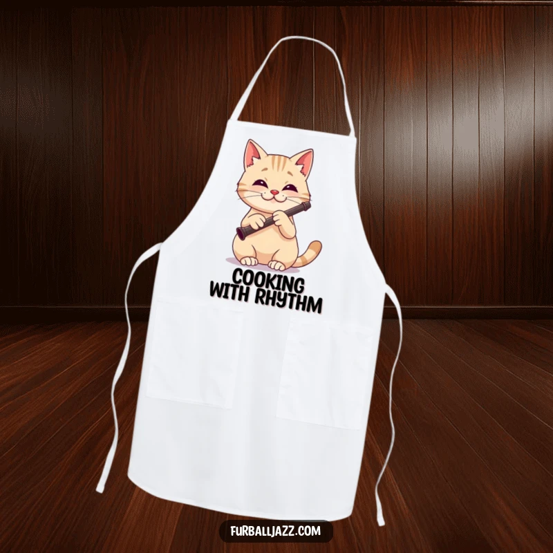 Funny cat apron featuring a focused and happy cat playing a clarinet with a cheerful expression.