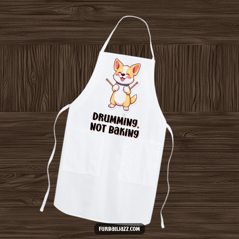 Funny dog energetically tapping drumsticks on a paw on a kitchen apron.