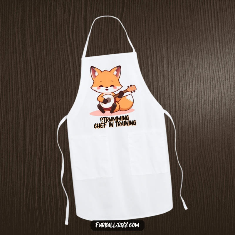 Funny banjo fox apron showing a happy fox playing a small banjo, perfect for chefs and cooking enthusiasts with humor.