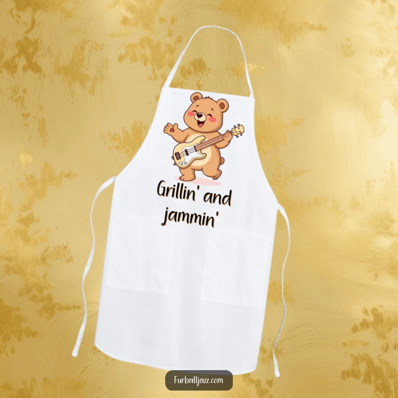 Funny Bear Apron showing a bear doing a happy jig while playing a bass guitar, ready for kitchen jam sessions.