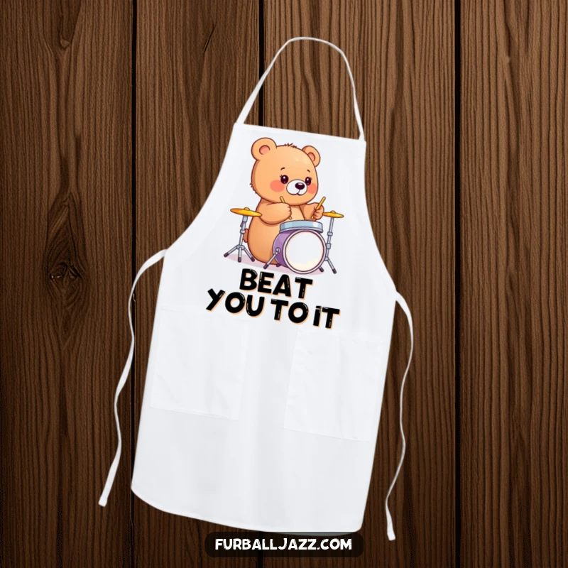 Funny bear cub happily drumming on a mini drum set, a humorous apron for kitchen fun.