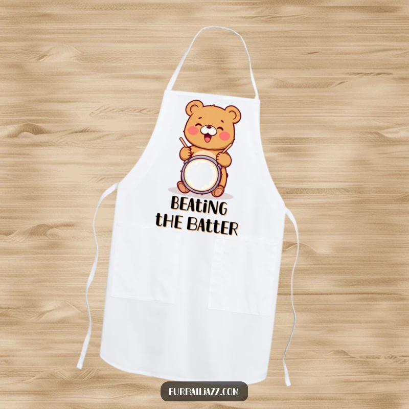 Funny bear character joyfully tapping drumsticks on a snare drum, ready for culinary beats in a funny apron.