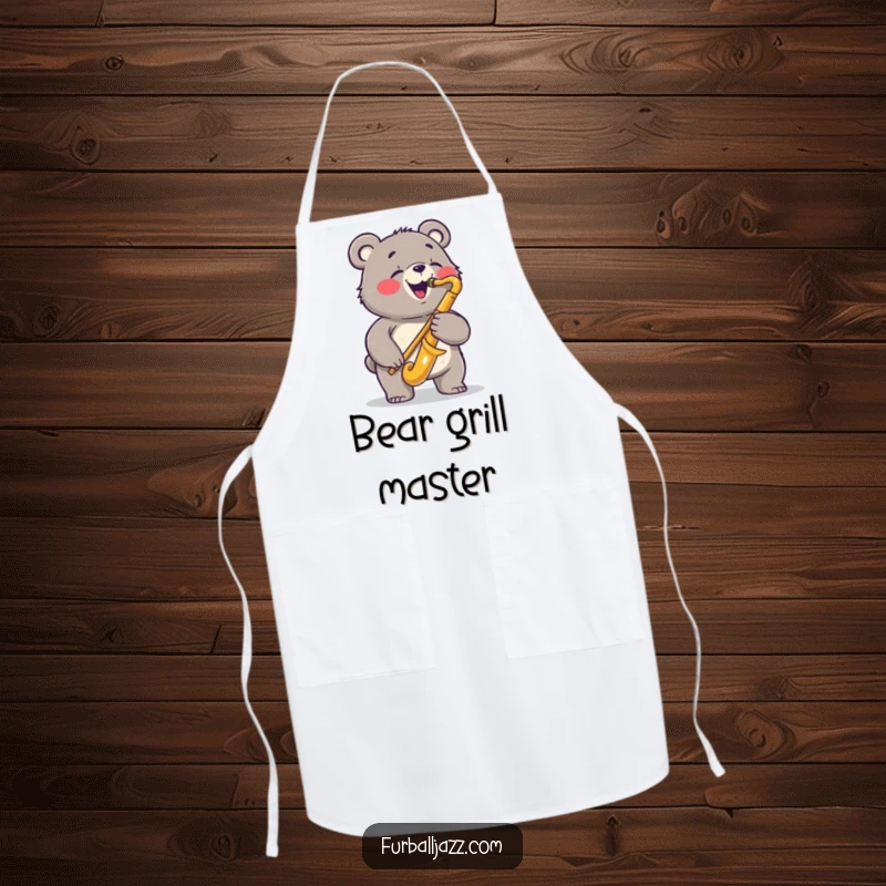 Funny bear apron showing a joyful bear playing a saxophone with a bluesy expression, ideal for kitchen protection with a humorous jazz twist.