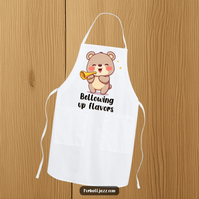 Funny Bear Trumpet Apron showing a joyous bear playing a trumpet, ideal for kitchen wear and culinary music lovers.