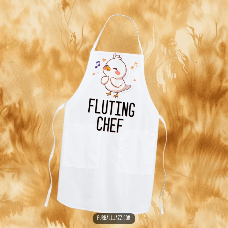 Funny Bird Apron with a happy bird character fluting a cheerful melody, perfect for adding musical humor to kitchen activities.