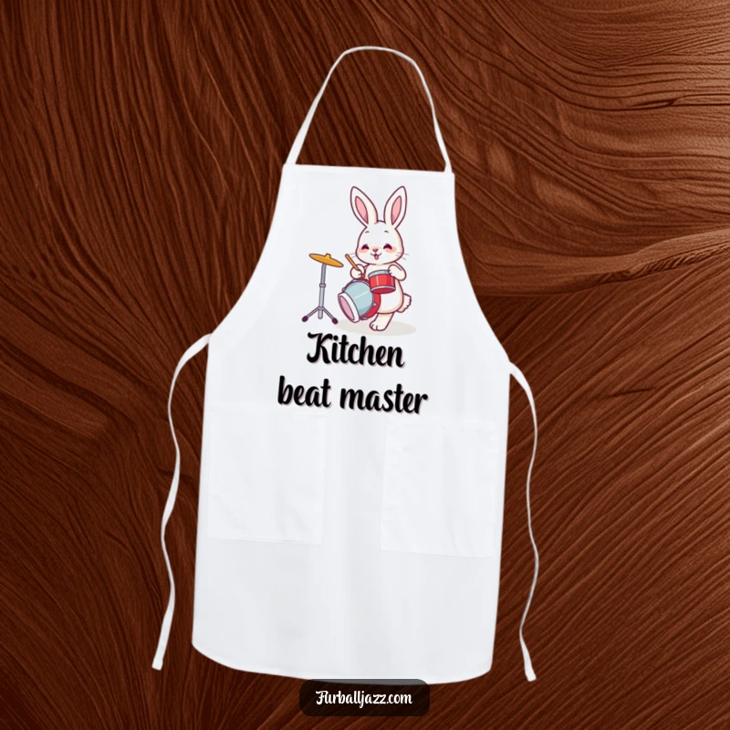 Funny bunny rabbit tapping its foot while playing drums, a humorous apron for kitchen fun.