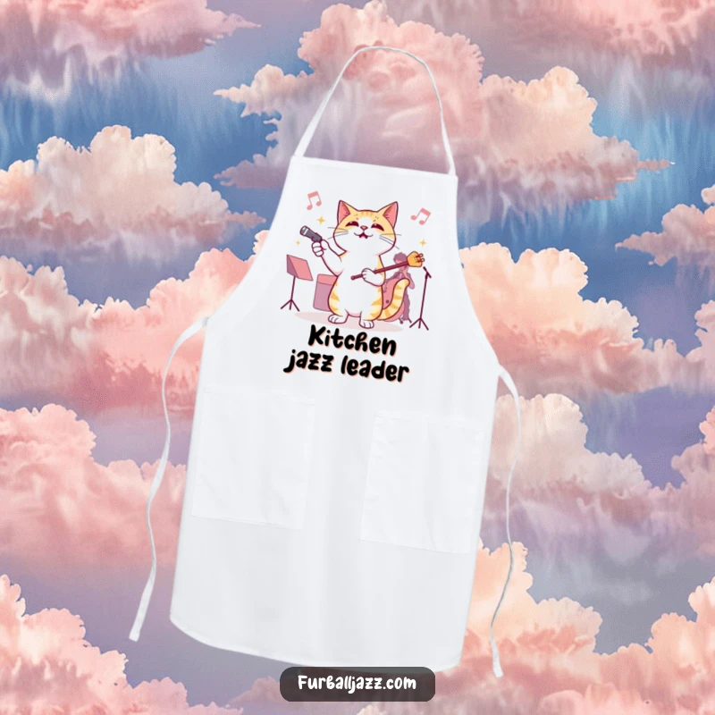 Funny Cat Jazz Conductor Apron, illustrating a cat conducting an invisible jazz orchestra, bringing musical fun and feline flair to your kitchen attire.
