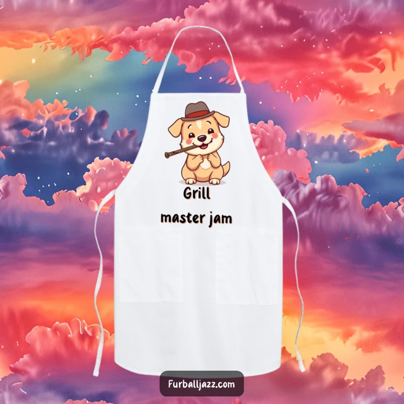 Funny dog jazz apron depicting a round, happy dog wearing a fedora and playing a clarinet, adding sophisticated musical style to cooking.