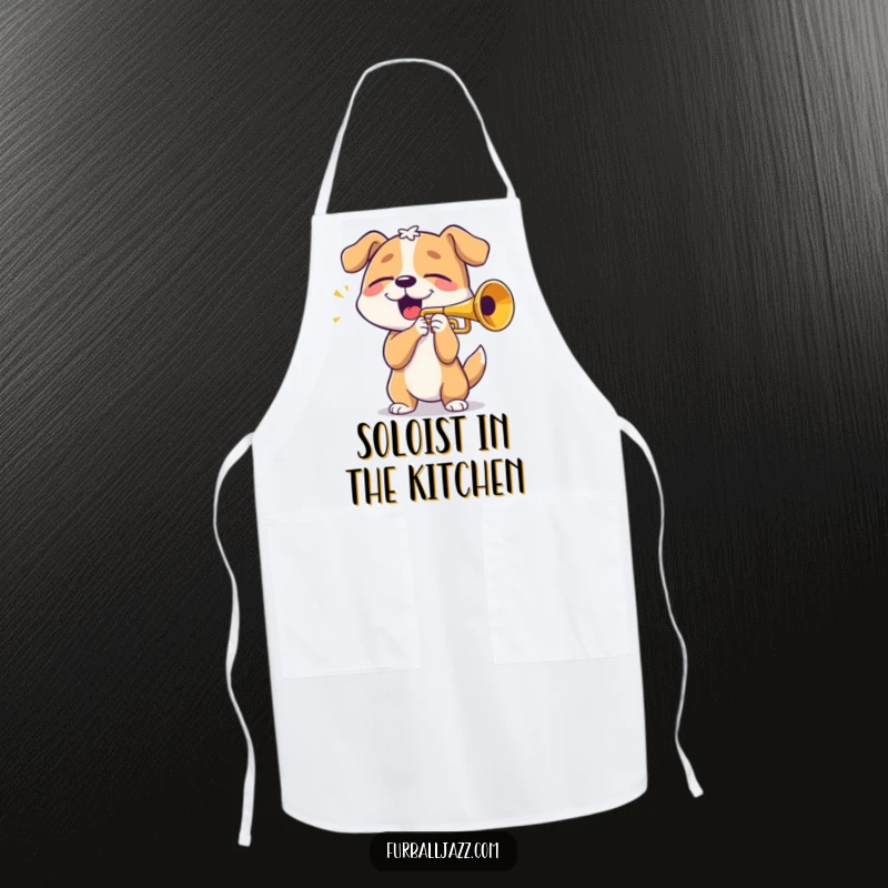 Funny dog playing trumpet with eyes closed in bliss, a humorous apron for cooking and kitchen fun.