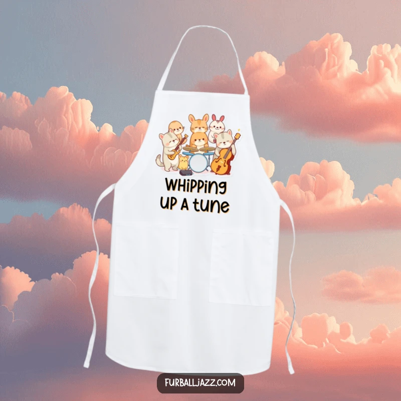 Funny apron designed with a lively illustration of animal characters performing jazz music, ideal for a humorous kitchen.