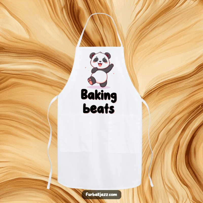 Funny panda chef dancing enthusiastically in the kitchen on an apron, a hilarious cooking accessory.