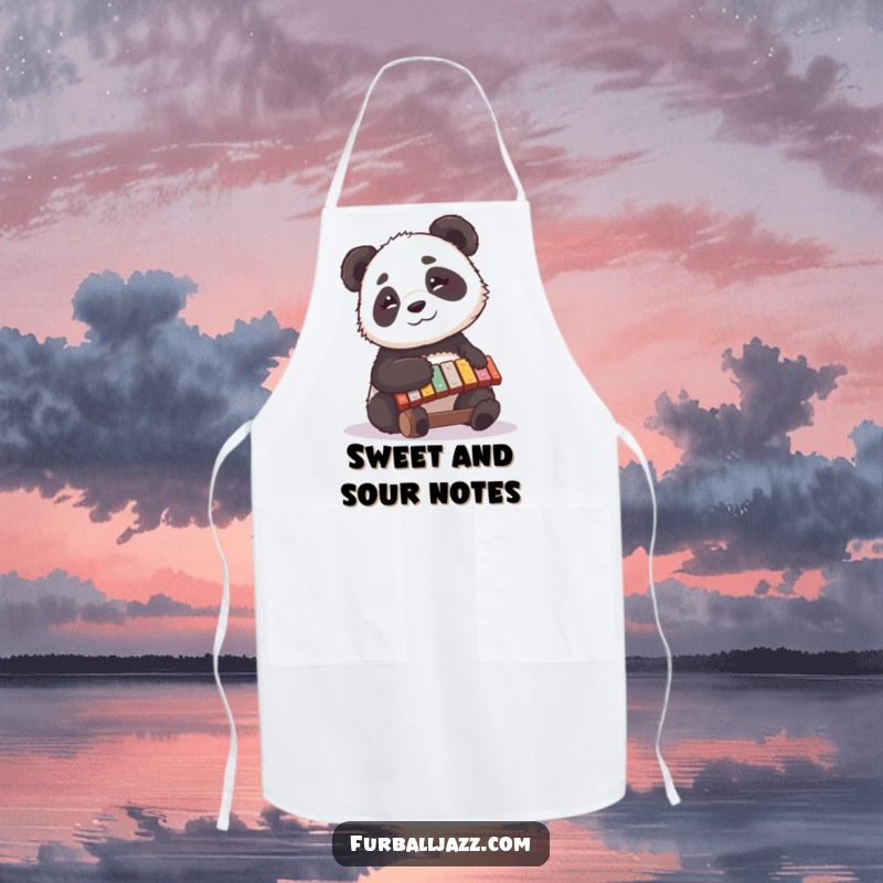 Funny panda apron depicting a happy panda chef playing a xylophone with focus and a contented, joyful expression.