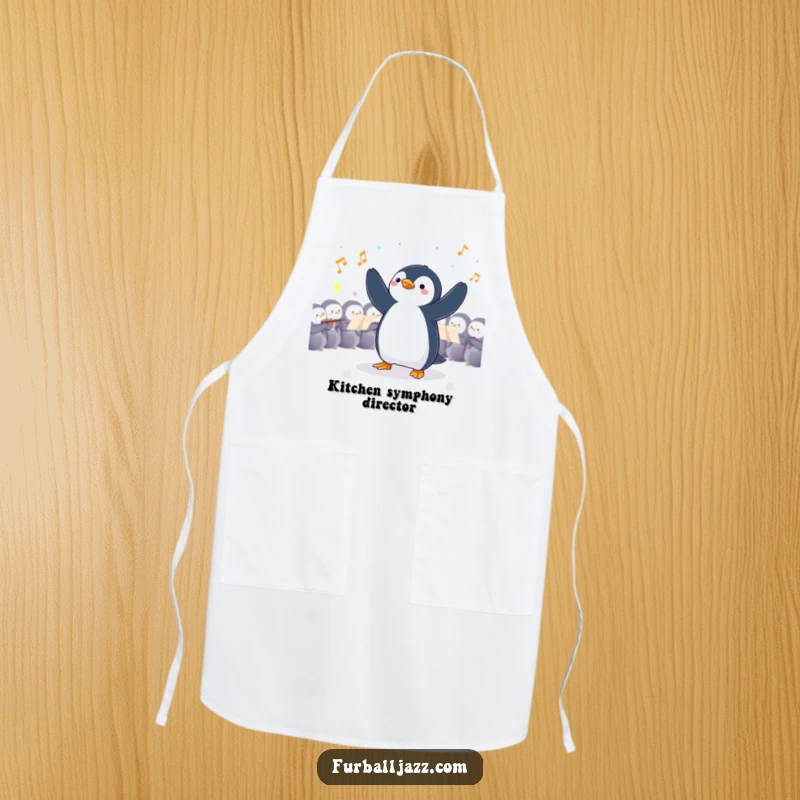 Funny Penguin Conductor Apron: A penguin conducting an orchestra while cooking, bringing musical fun to the kitchen.
