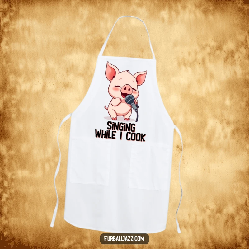 Funny piglet character singing into a microphone while wearing a chef's hat, perfect for a musical cook.