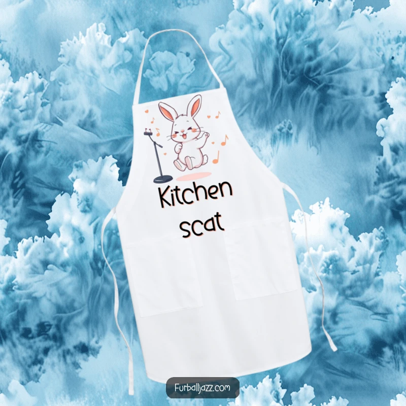 Funny Rabbit Apron showing a rabbit tapping its foot rhythmically to a jazz beat, ready for kitchen jam sessions.