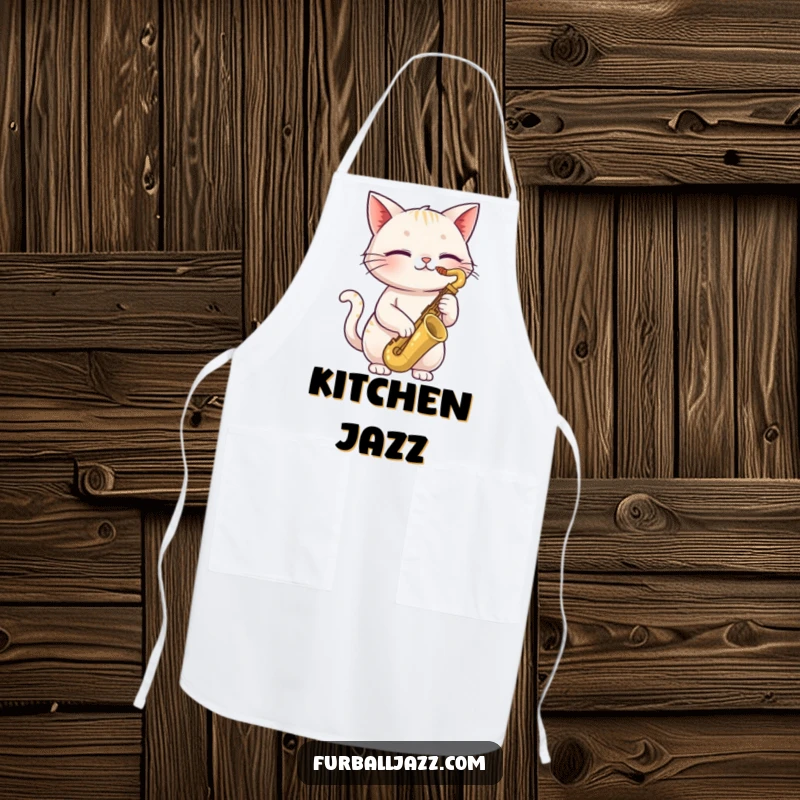 Funny cat apron showcasing a happy cat with closed eyes playing a saxophone, combining kitchen practicality with cool, humorous jazz style.