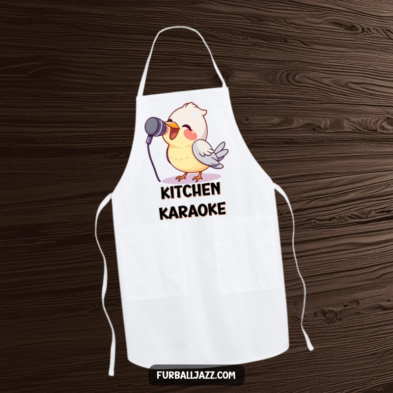 Funny bird chef singing into a microphone on an apron, a hilarious and functional kitchen accessory.