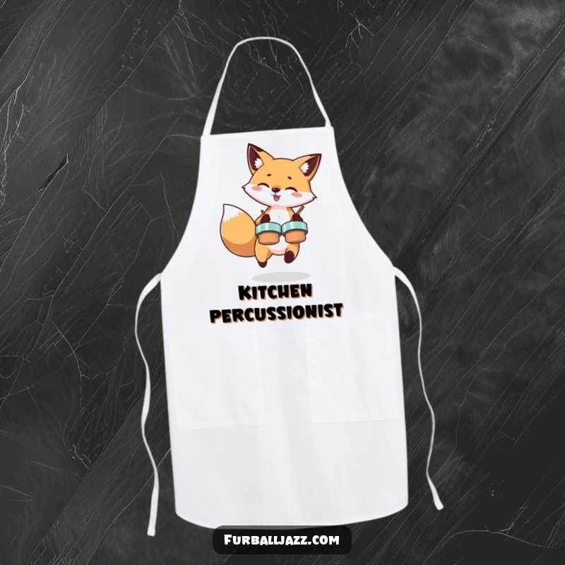 Funny apron depicting a spirited fox enthusiastically playing cymbals, ideal for a playful chef who loves to add flair to cooking.