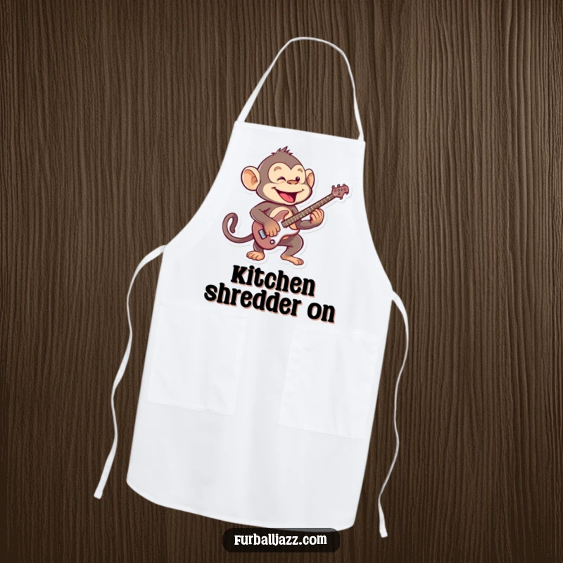 Funny mischievous monkey playing an energetic guitar solo, a humorous apron for kitchen rockstars.