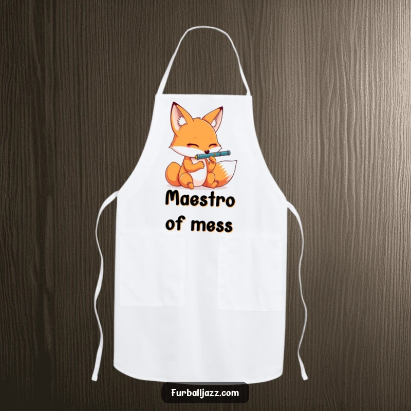 Funny fox chef wearing an apron, playing clarinet dramatically with eyes closed, ready for kitchen artistry.