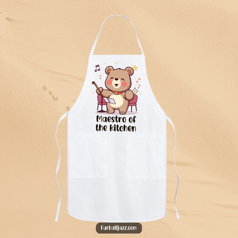 Funny apron showcasing a bear conducting an invisible orchestra with glee, perfect for adding a commanding touch to kitchen duties.