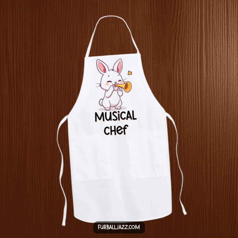 Funny rabbit apron showing a rabbit playing a trumpet with gusto, adding musical fun and flair to kitchen tasks.