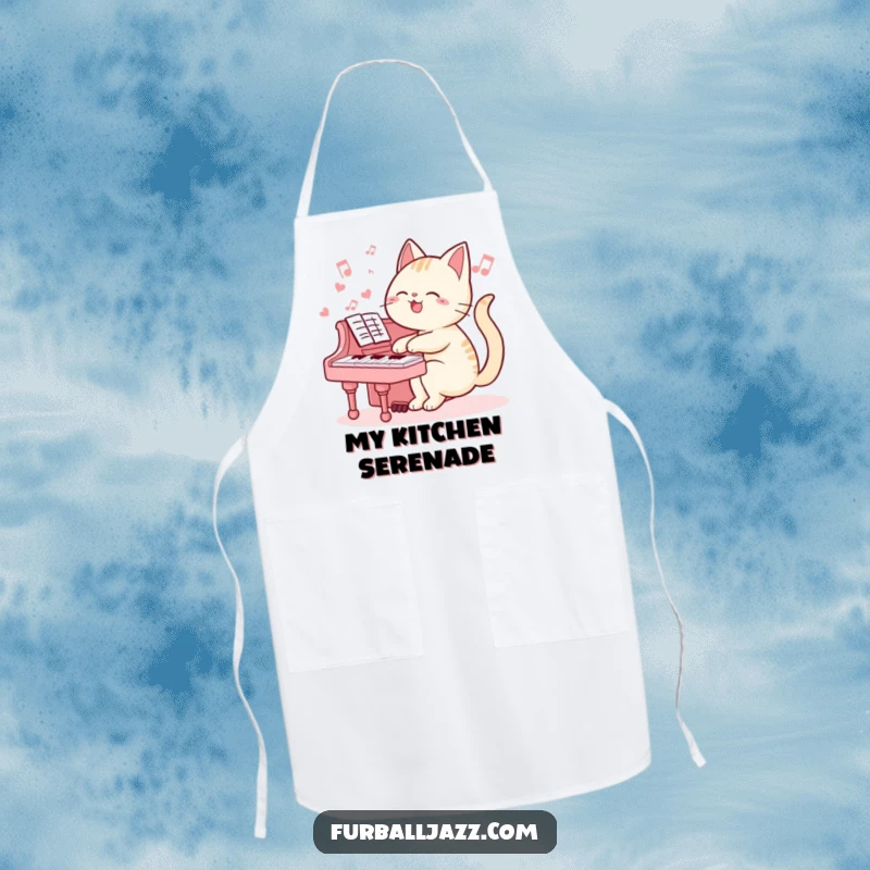 Funny cat apron showing a cat happily playing the piano, perfect for cooking and adding humor to kitchen activities.