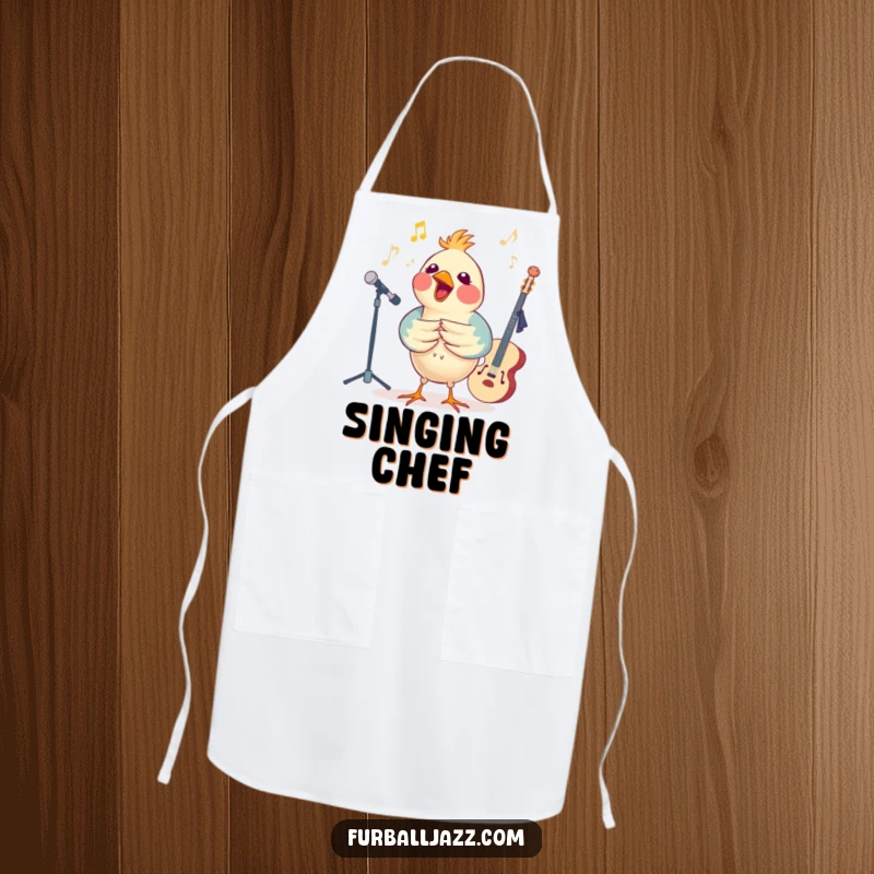 Funny bird singing with a jazz band while wearing a kitchen apron, a humorous culinary accessory.