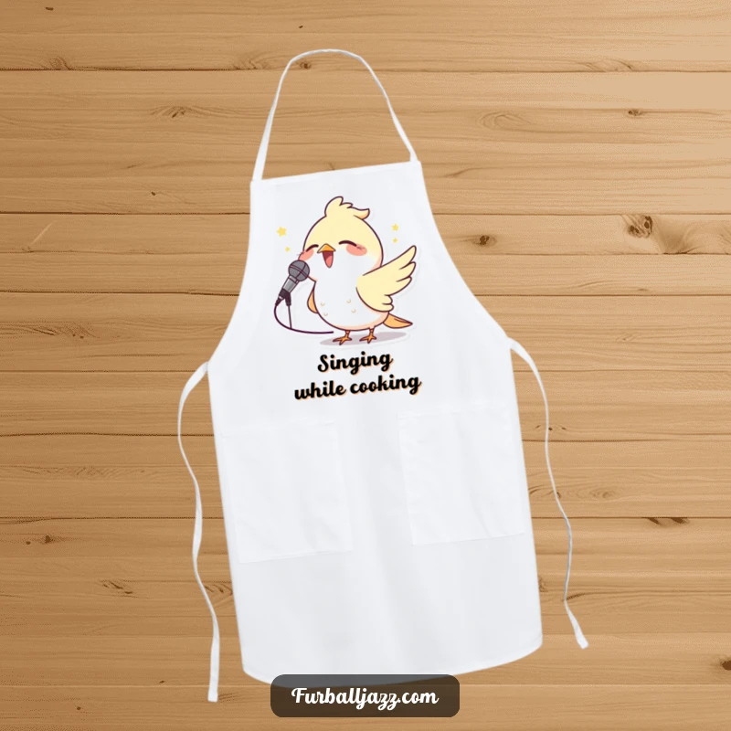 Funny Bird Microphone Apron showing a cheerful bird singing into a tiny microphone, ideal for kitchen wear and culinary performers.