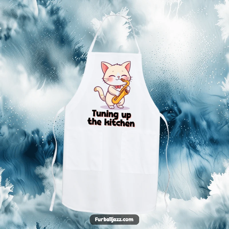 Funny cute cat energetically playing a saxophone, perfect for a musical chef, on a practical and funny apron.