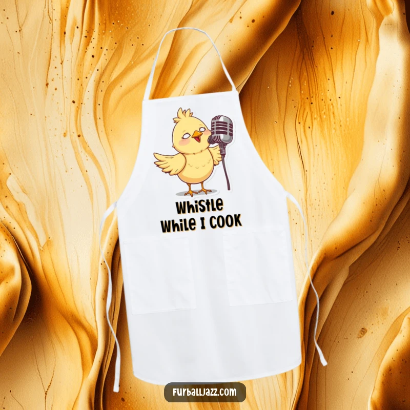 Funny apron showcasing a whimsical bird singing into a vintage microphone, perfect for adding a musical touch to kitchen duties.