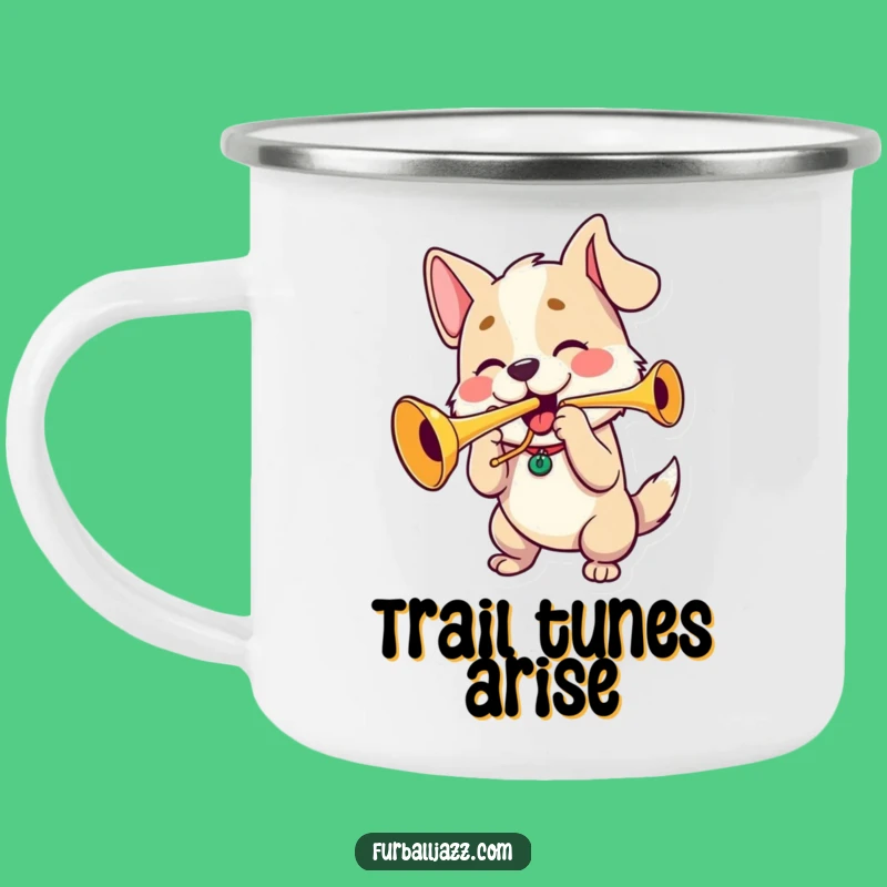 Adventure-Ready Funny Dog Trumpet Player Camping Mug: Sip and Smile Outdoors