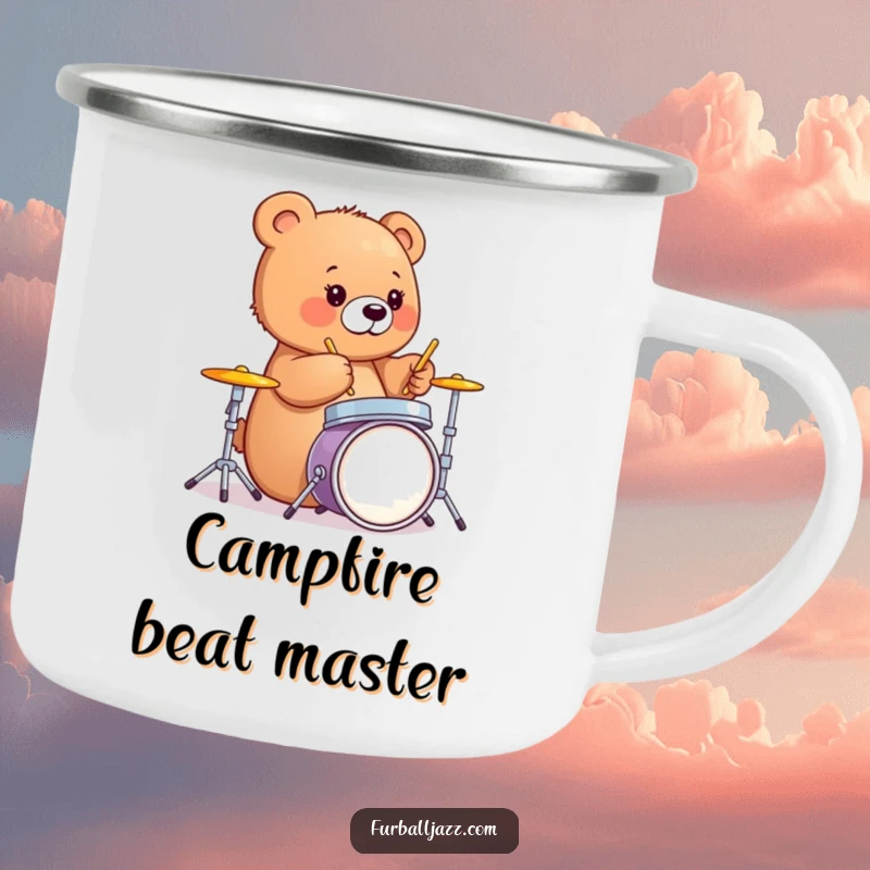 Funny bear cub drumming on a mini set, a durable camping mug for music lovers.