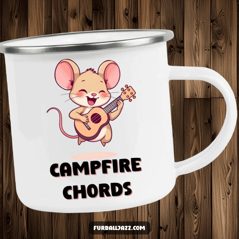 Funny mouse character playing a tiny ukulele in an outdoor setting, designed for durable camping use.