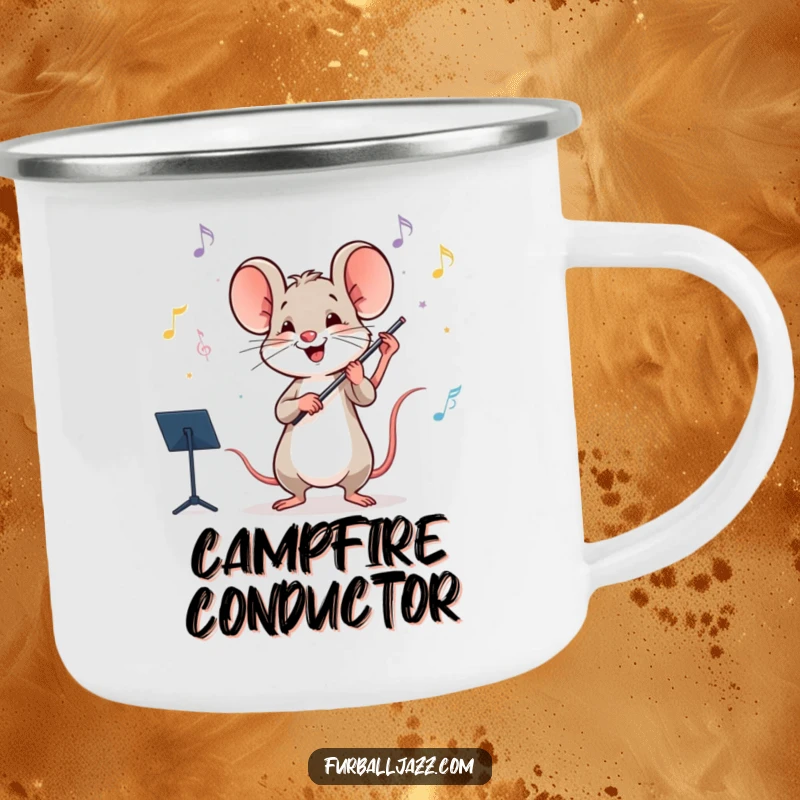 Funny mouse conducting an orchestra on a camping mug, ready for outdoor symphonies and tunes.