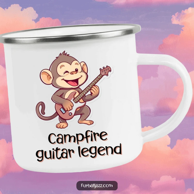 Funny mischievous monkey playing an energetic guitar solo, a durable camping mug for music lovers.
