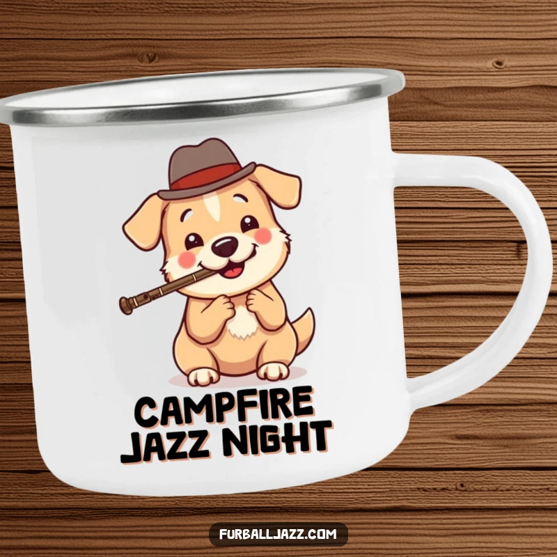 Funny dog jazz camping mug showing a happy dog in a fedora playing a clarinet, perfect for cool campfire moments.