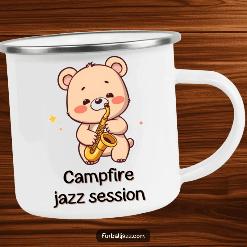Funny Jazzy Bear Camping Mug: A bear character playing a saxophone with a wide smile, ready for rugged outdoor use.