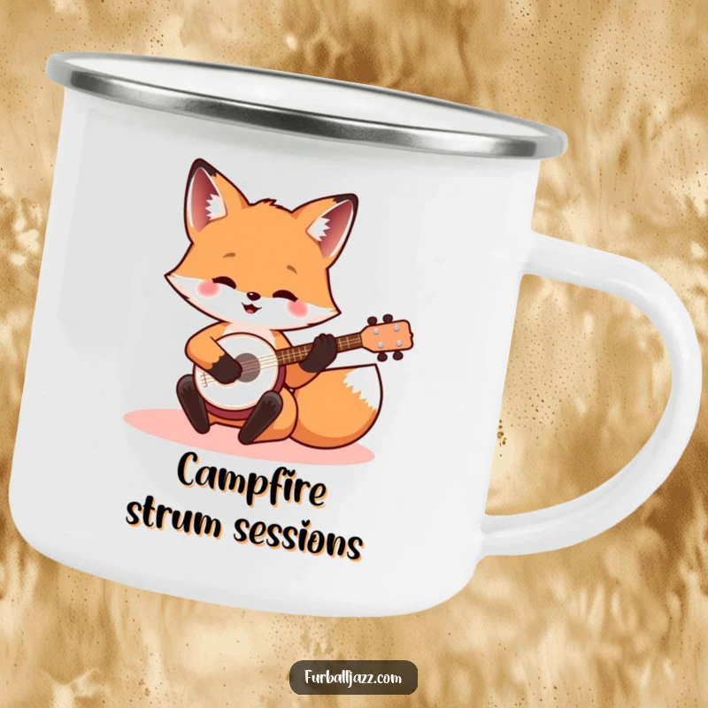 Funny banjo fox camping mug with a happy fox playing a small banjo, perfect for outdoor adventures and music fans.
