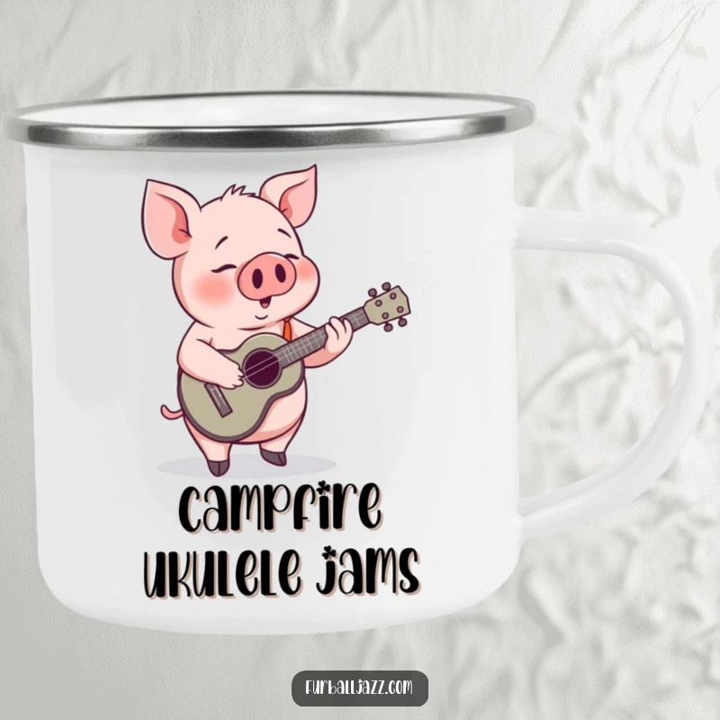 Funny Pig Ukulele Camping Mug: A happy pig playing ukulele, ready for outdoor adventures and warm drinks.