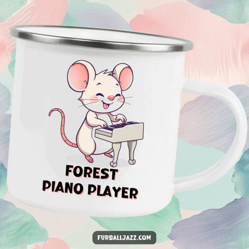 Funny Mouse Piano Camping Mug: A smiling mouse playing piano, ready for outdoor adventures and warm drinks.