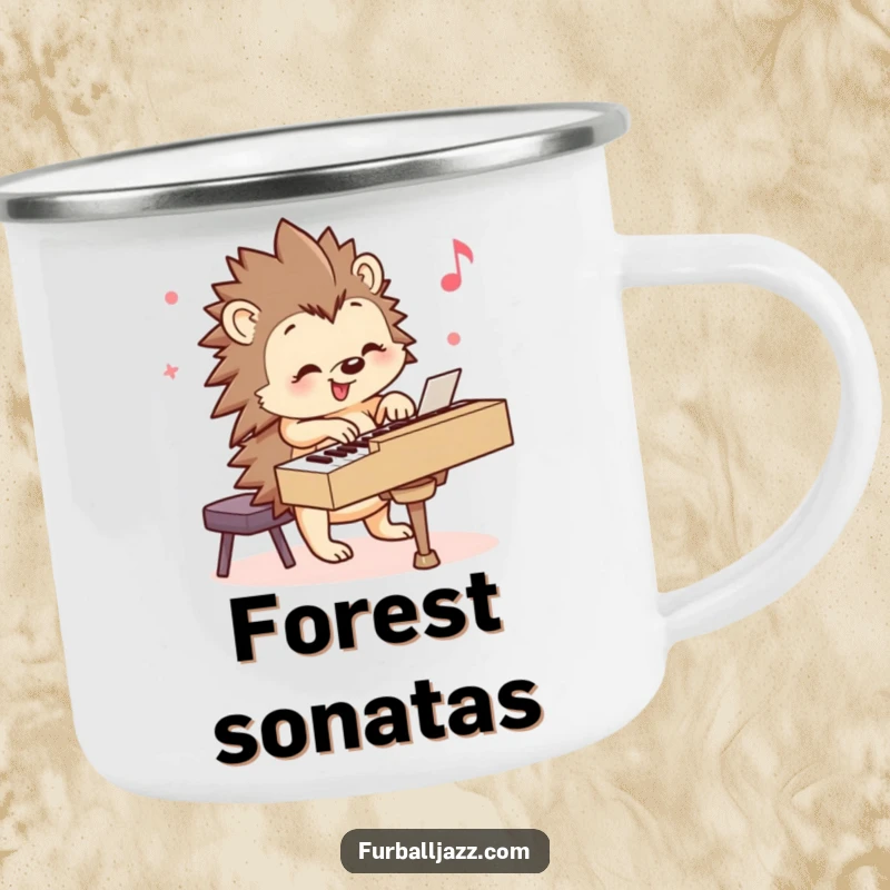 Funny Hedgehog Camping Mug: A smiling hedgehog playing a piano with cheerful music, perfect for outdoor enjoyment. Great funny gift.