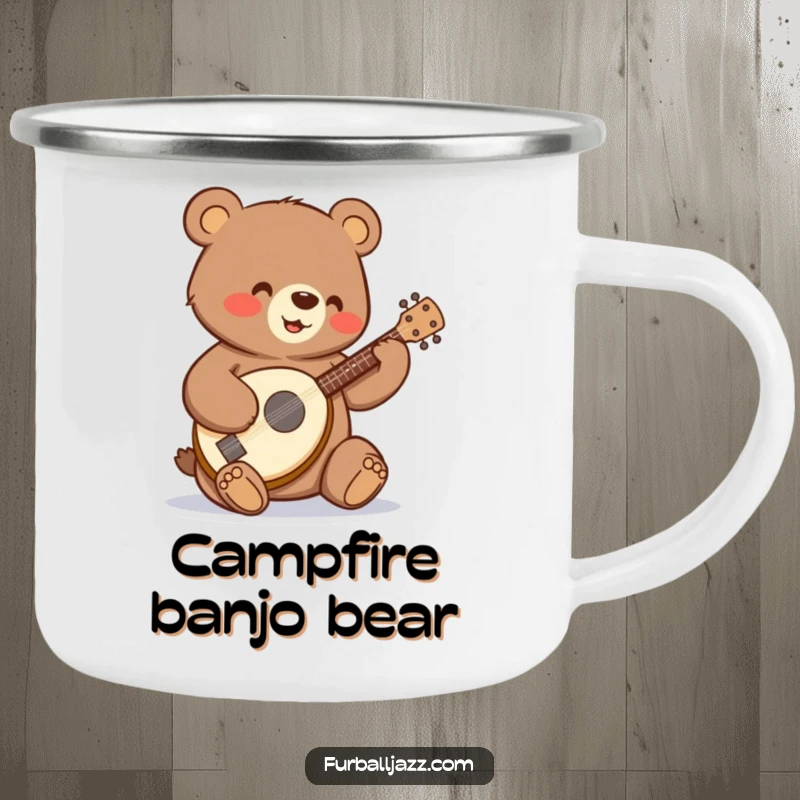 Funny bear strumming a tiny banjo with a happy expression on a camping mug.
