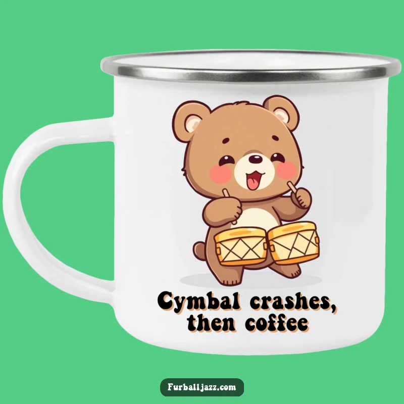 Funny Bear Cub Drummer Camping Mug: Energetic Enamel Cup, Wild Animal Music Funny Gift