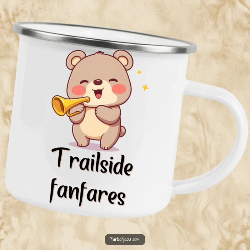Funny Bear Trumpet Camping Mug featuring a smiling bear playing a trumpet, perfect for enjoying drinks outdoors with a musical theme.