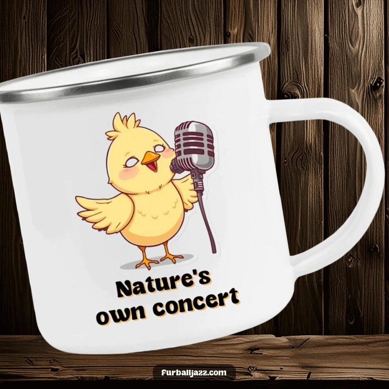 Funny camping mug with a whimsical bird singing into a vintage microphone, designed for durability and adding a musical touch outdoors.