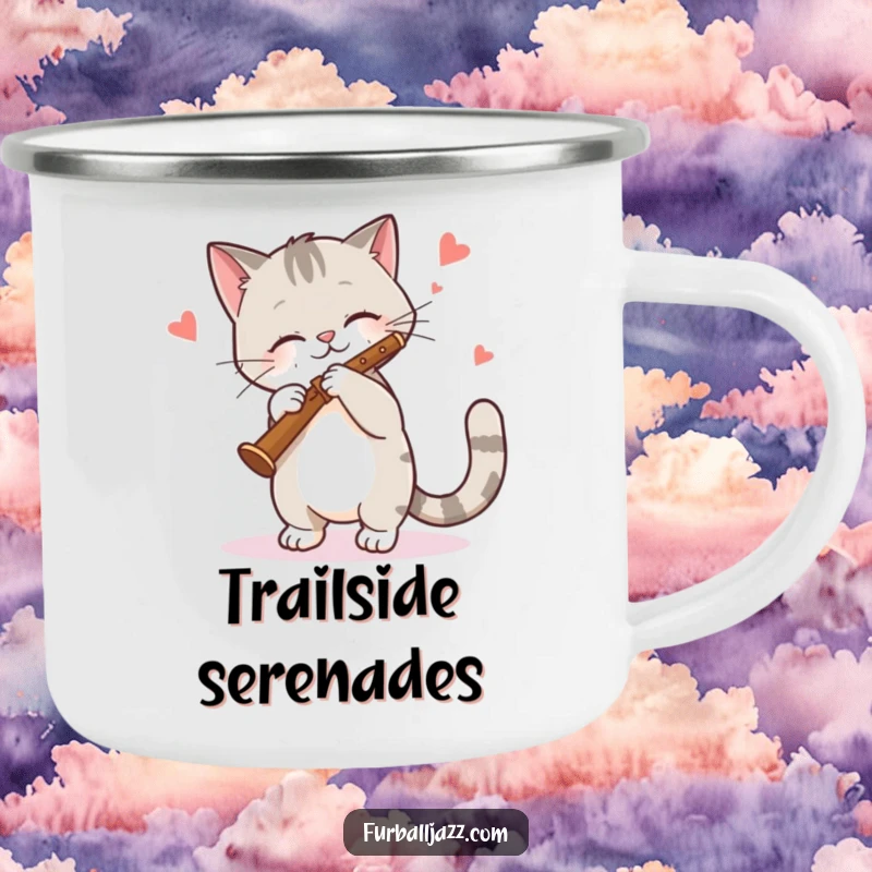 Funny Cat Camping Mug: A relaxed cat playing a clarinet with rhythm, perfect for outdoor enjoyment and hot beverages. Great funny gift.